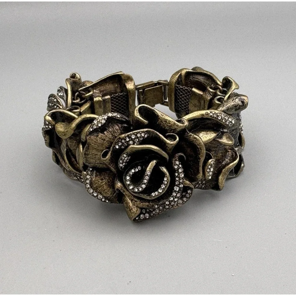 Vintage Rose Statement Bracelet Bronze Crystals Romantic HEAVY